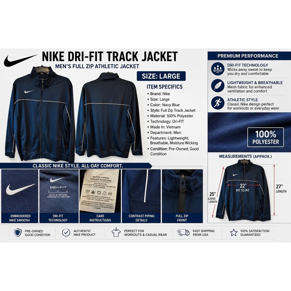 Nike Dri-FIT Mens Navy Blue Full Zip Track Jacket AT5300-420 Size Large